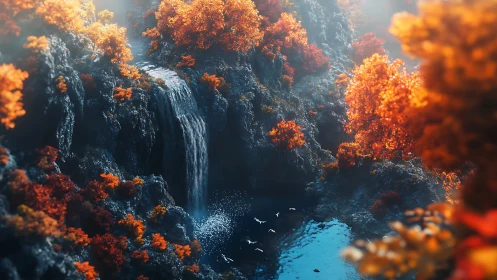 Digital render depicts rocky waterfall amid dense orange foliage