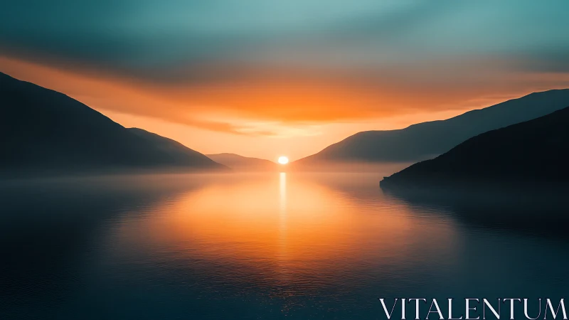 Sunset over calm mountain lake with mirrored reflections.