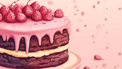 Layered Chocolate Cake with Pink Frosting and Fresh Raspberries.