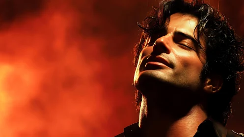 Male portrait in raking warm light against diffuse firefield.