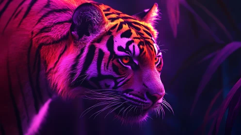 Neon-lit tiger profile in luminous magenta jungle glow.