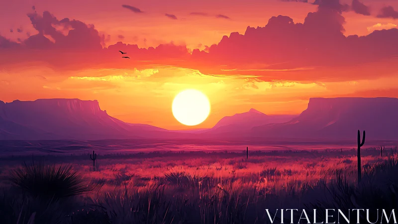 Radiant desert sunset illuminates mesas in stylized gradient