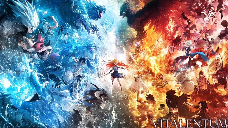 Symmetrical anime conflict with opposing fire and water forces.