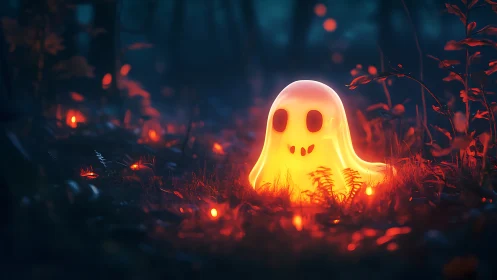 Gentle glowing ghost brightens a quiet forest night