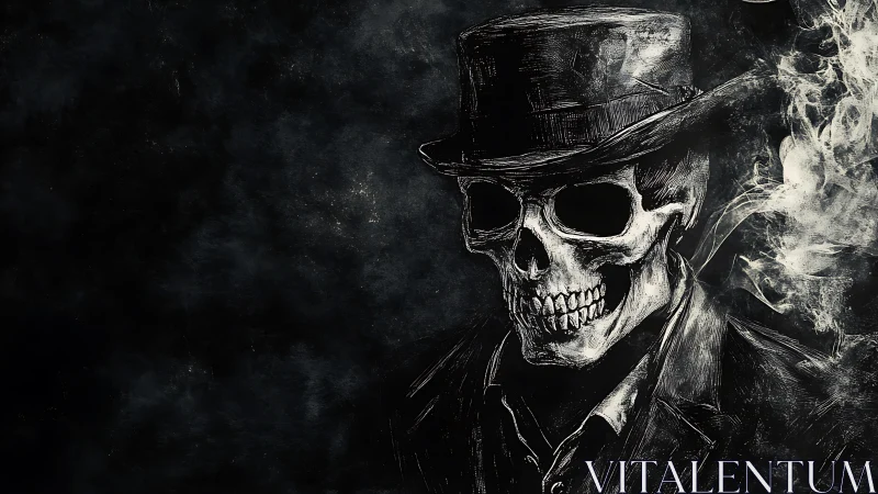 Skull-headed figure in suit and top hat against dark smoke.