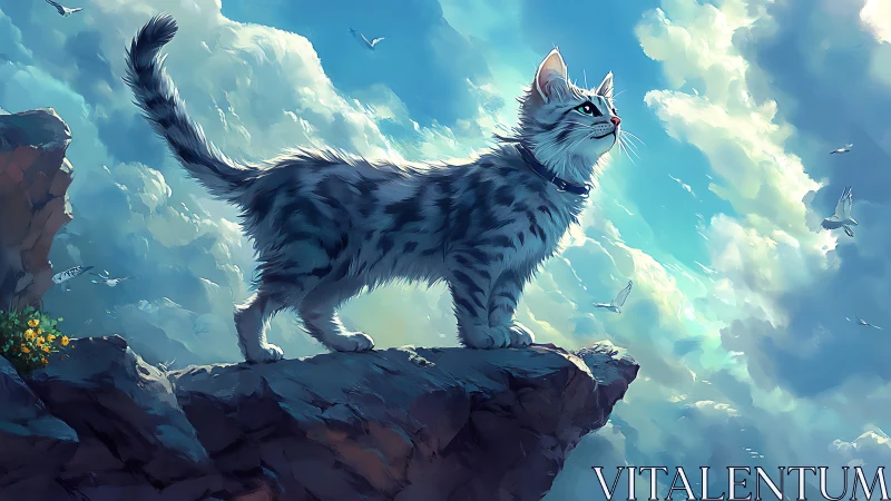 Majestic Feline Guardian Stands Watch Above Clouds and Sky