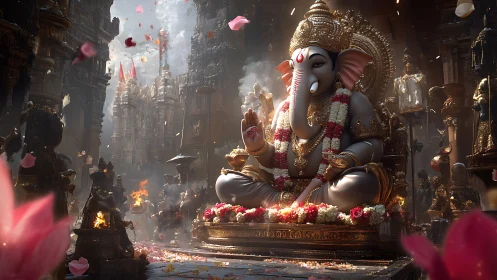 Digital painting of ornate Ganesha shrine in cinematic light.