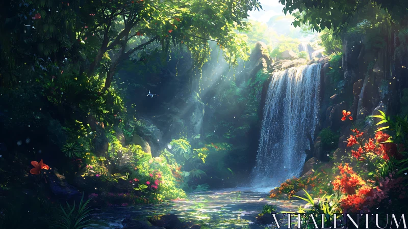 Sunlit jungle waterfall oasis with lush blooms and calm pool.