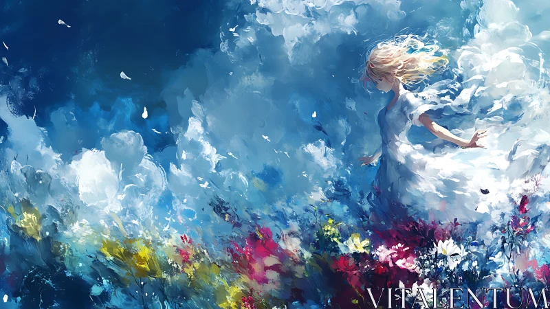 Windblown girl in white amid abstract floral field and sky