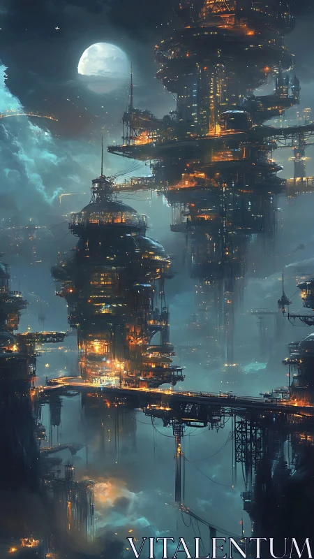 Vertical cyberpunk megastructures in misty nocturnal skyline