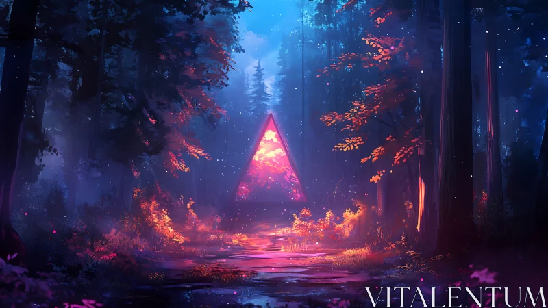 Neon portal triangle humming in a twilight enchanted forest.