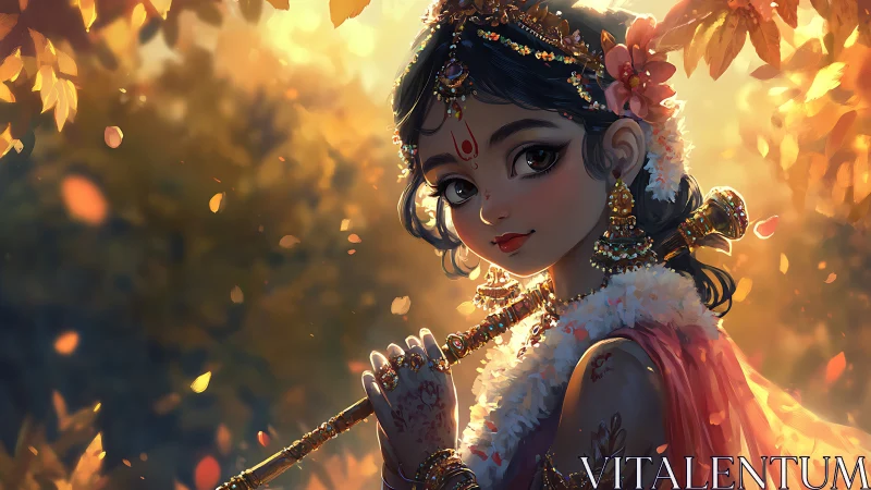Girl in ornate attire holds flute amid glowing autumn light