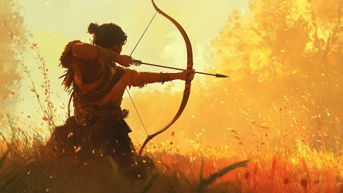 Archer draws recurve bow in backlit field with dynamic warm haze