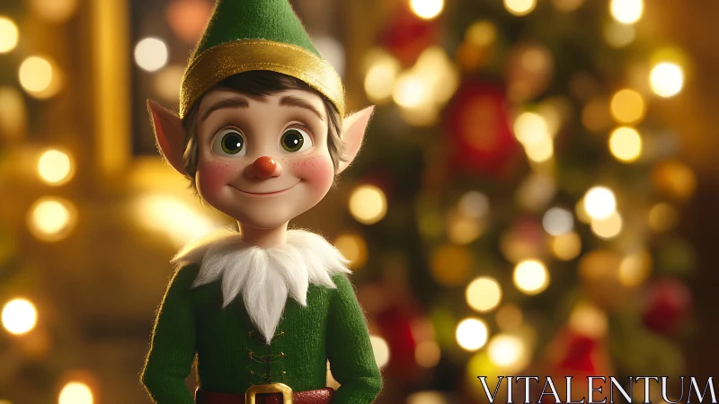 Cheerful Christmas elf portrait in warm bokeh lighting.
