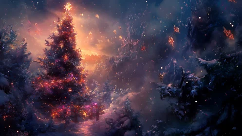 Winter forest tree glowing with quiet holiday magic.
