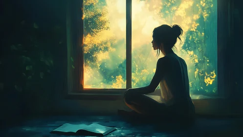 Silhouetted reader watches glowing forest beyond window