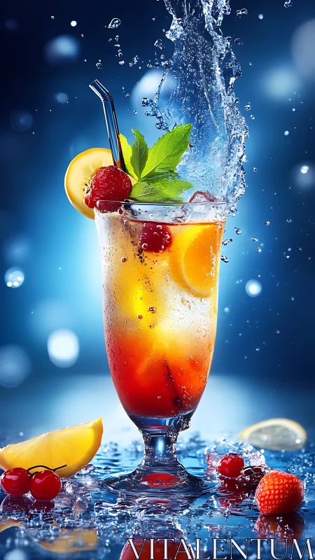 Dynamic Beverage Splash Composition with Layered Fruit Garnish and Liquid Motion Dynamics