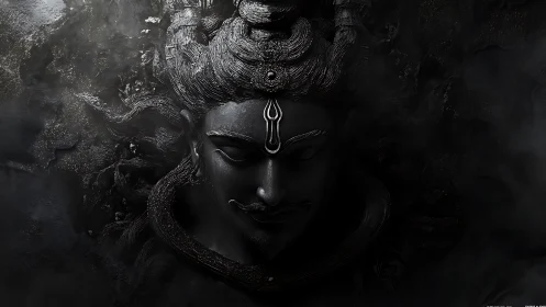 Dark stone deity portrait emerges through swirling shadows.