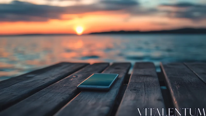 Quiet phone on a wooden pier under a soft sunset glow.