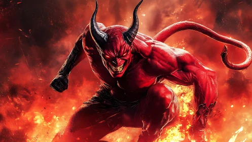 Horned red demon in fiery inferno environment. Period.
