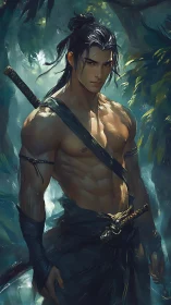 Blade-lit jungle ronin poised in emerald-shadowed stillness.