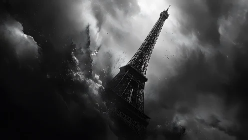 Eiffel Tower under turbulent stormfront in monochrome perspective.