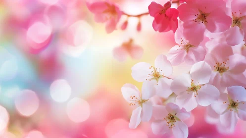 Pink Cherry Blossoms in Soft Focus Garden Scene.