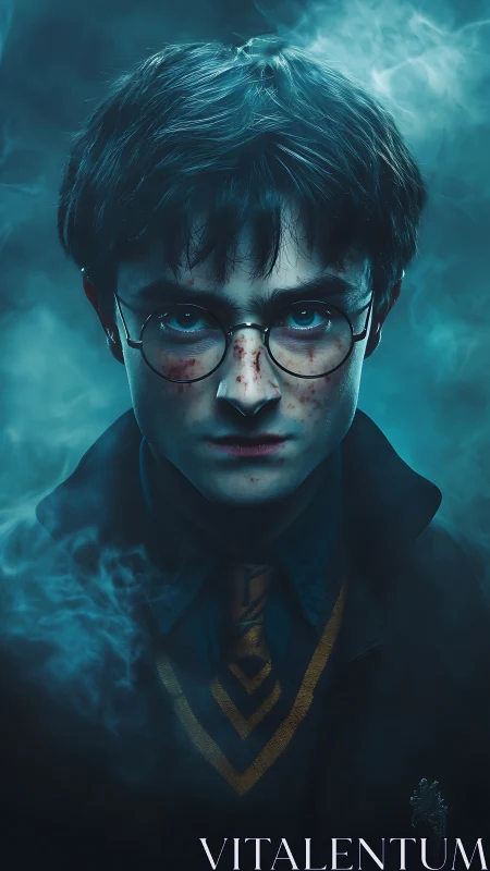 Storm-eyed young sorcerer emerges from swirling blue mist.