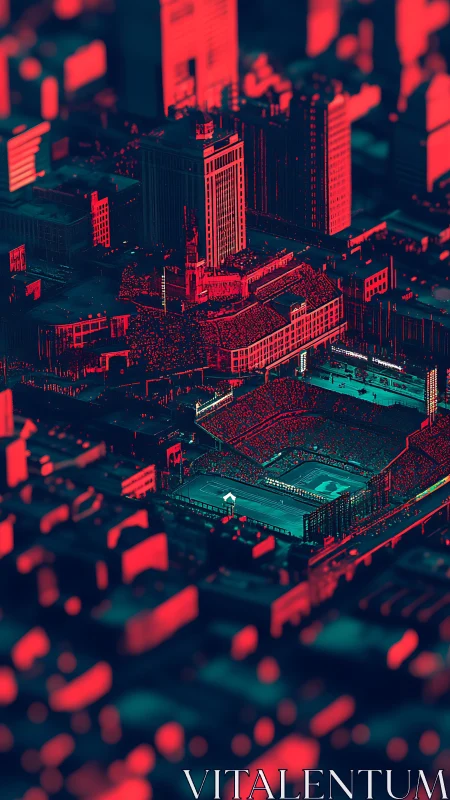 Urban night stadium within dense high rise city gridscape.