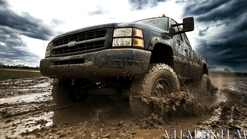 Off-road pickup truck surges through deep mud under storm clouds