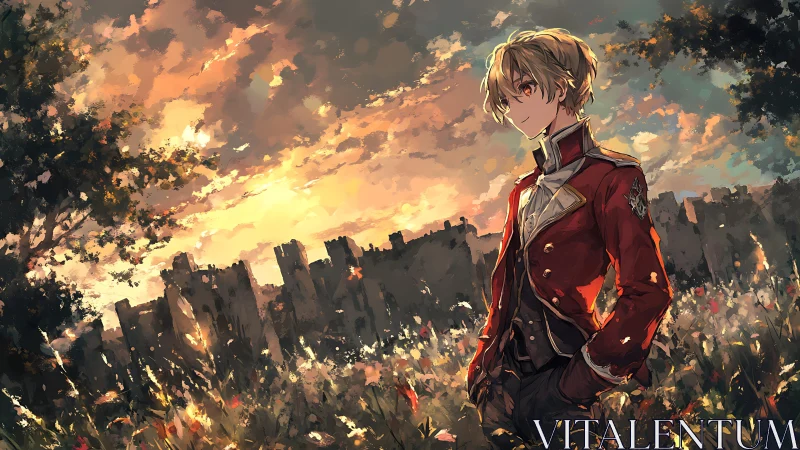 Young officer in red coat stands before sunset field