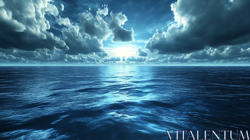 Dramatic ocean horizon with volumetric clouds and specular light