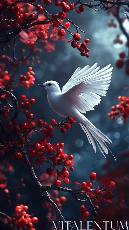 White songbird hovers among scarlet berries in moody bokeh forest