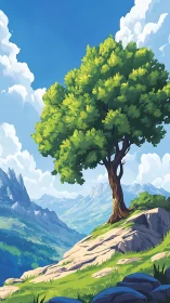 Lone hillside tree overlooks bright sunlit mountain valley.