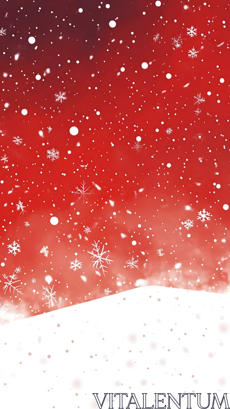 Gentle winter snowfall dances across a warm red evening sky