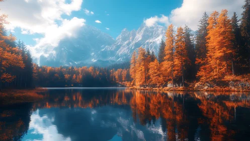 Mountain lake with orange autumn forest reflected in water