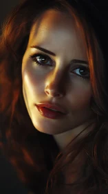 Close frontal portrait of a woman in warm low light.