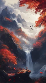 Autumn canyon waterfall vista with lone figure and birds in flight.
