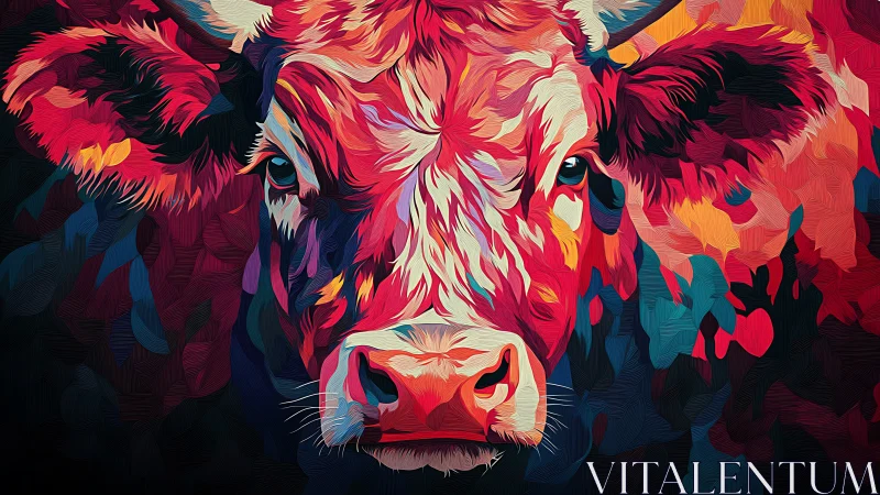 Vivid multicolor cow portrait blends rural charm and bold art.