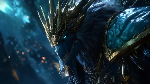 Armored ice-blue beast king with golden crown stands glaring