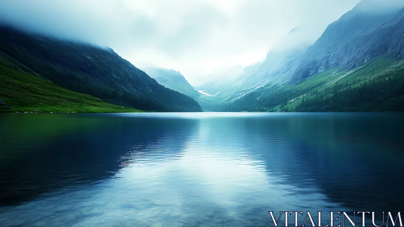Clouded mountain valley is reflected across a still lake
