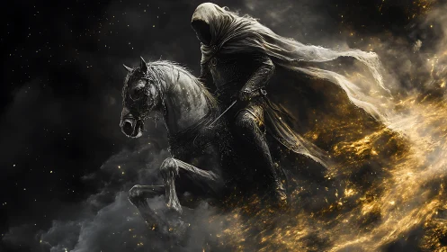 Hooded mounted figure moves through dense swirling particles