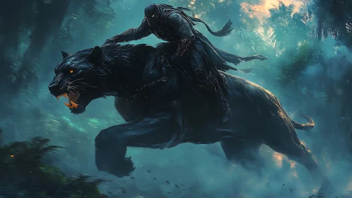 Dark Warrior Mounted on Spectral Black Panther Through Ethereal Mist.