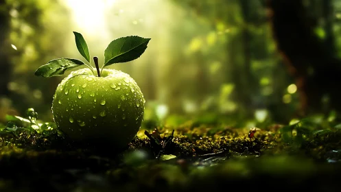 Forest-born green apple crowned with dawnlit dewdrops.