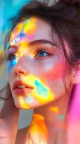 Colorful light projected across freckled female portrait.