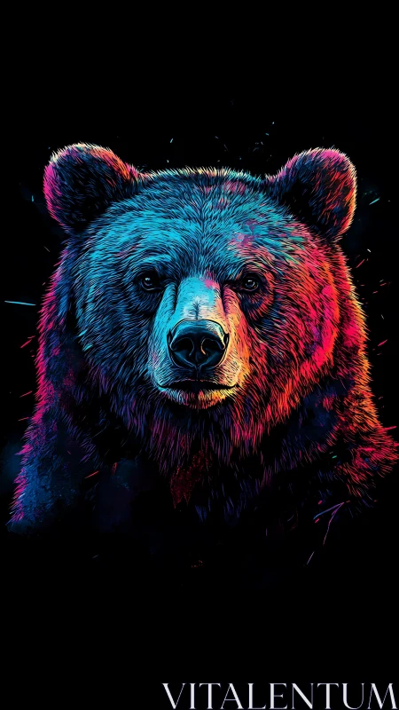 Neon-lit frontal bear portrait rendered on black background