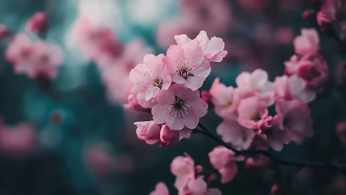 Pink cherry blossoms in soft focus bloom.