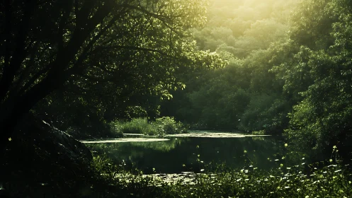 Backlit forest pond captures atmospheric green light gradients