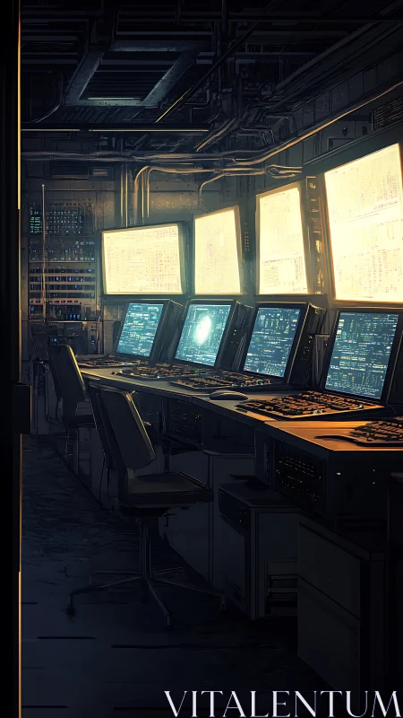 Cybernetic operations control room with multi-monitor console