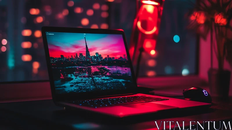 Laptop on desk with cityscape screen in neon red light.
